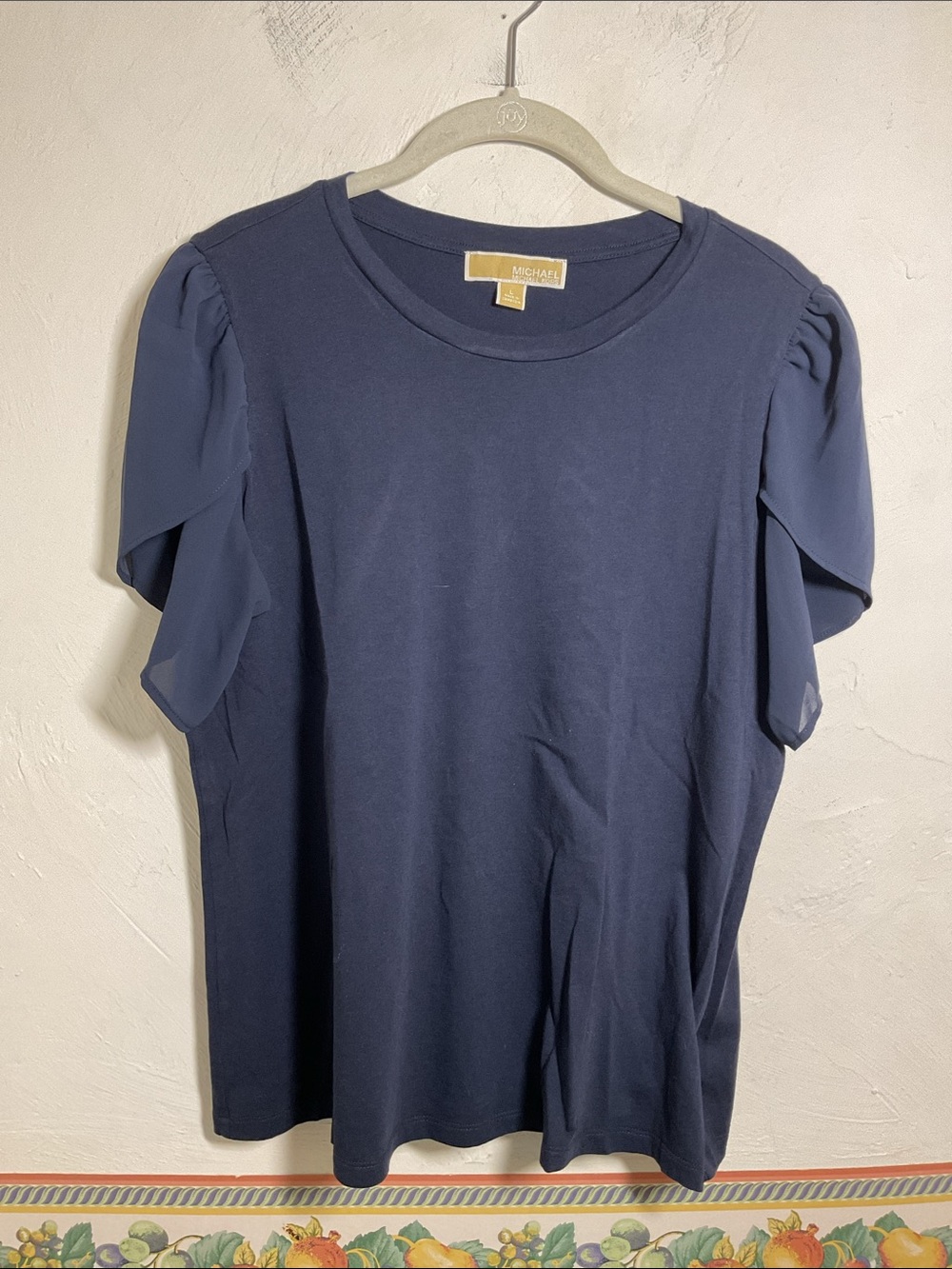 MICHAEL Michael Kors Navy Blue Chiffon Flutter Sleeve Top Size L